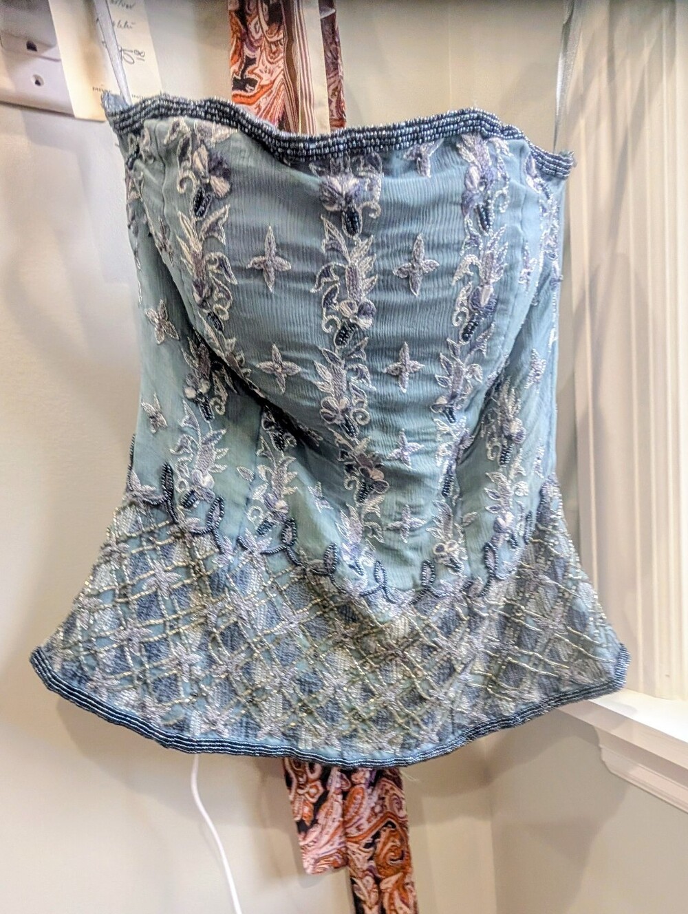 100% Silk Embroidered Strapless Beaded Peplum Top - Slate Blue - Picture 2 of 7